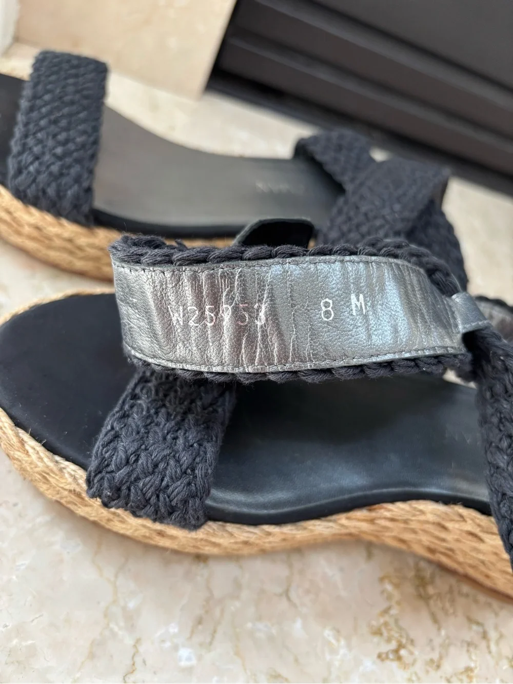 Stuart Weitzman Alexlo Crochet Black Wedge Ankle Wrap Espadrille Sandals, Size 8